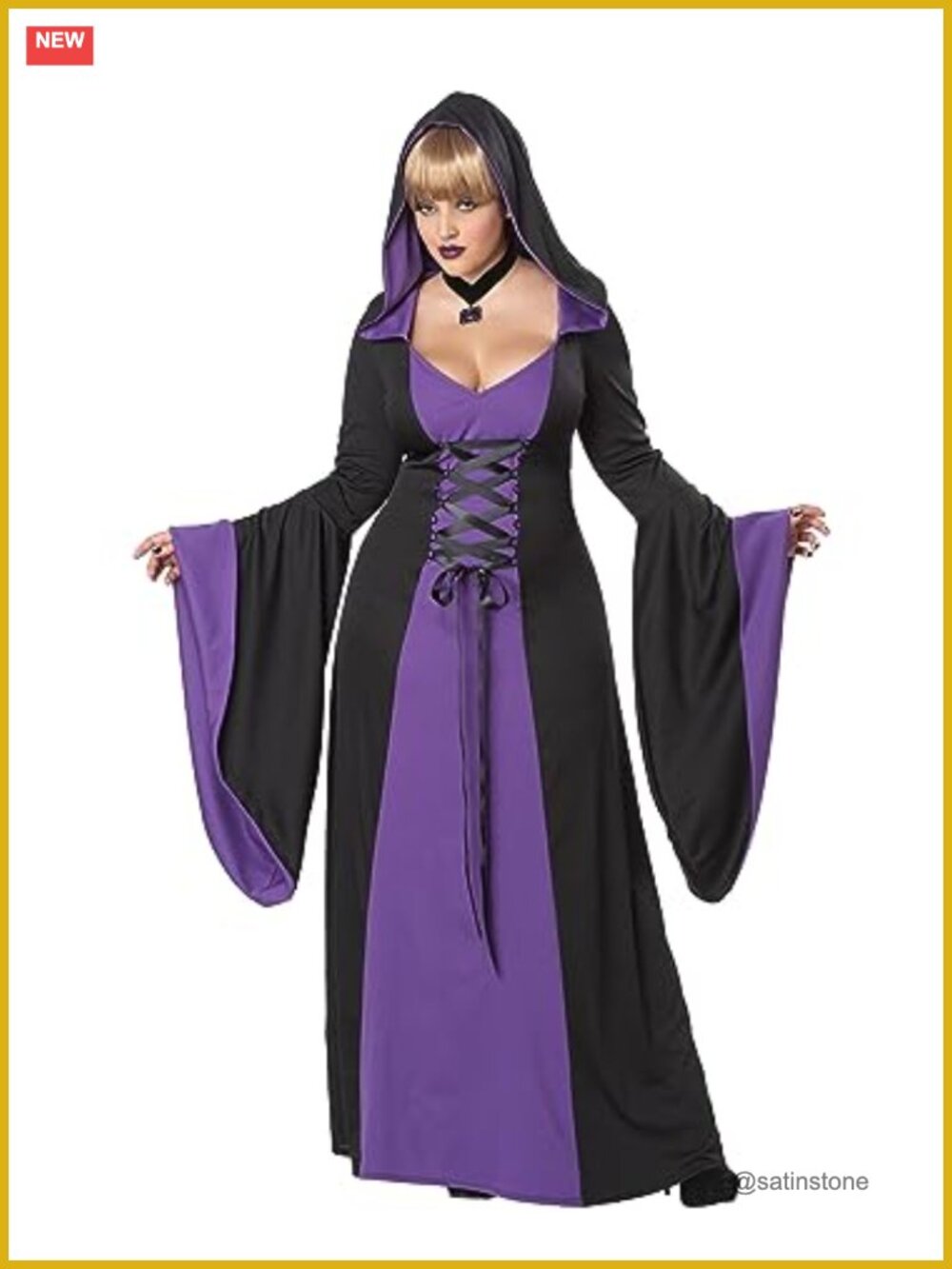 Plus Size Hooded Robe Costume with Lace Up Ties and Bell Sleeves